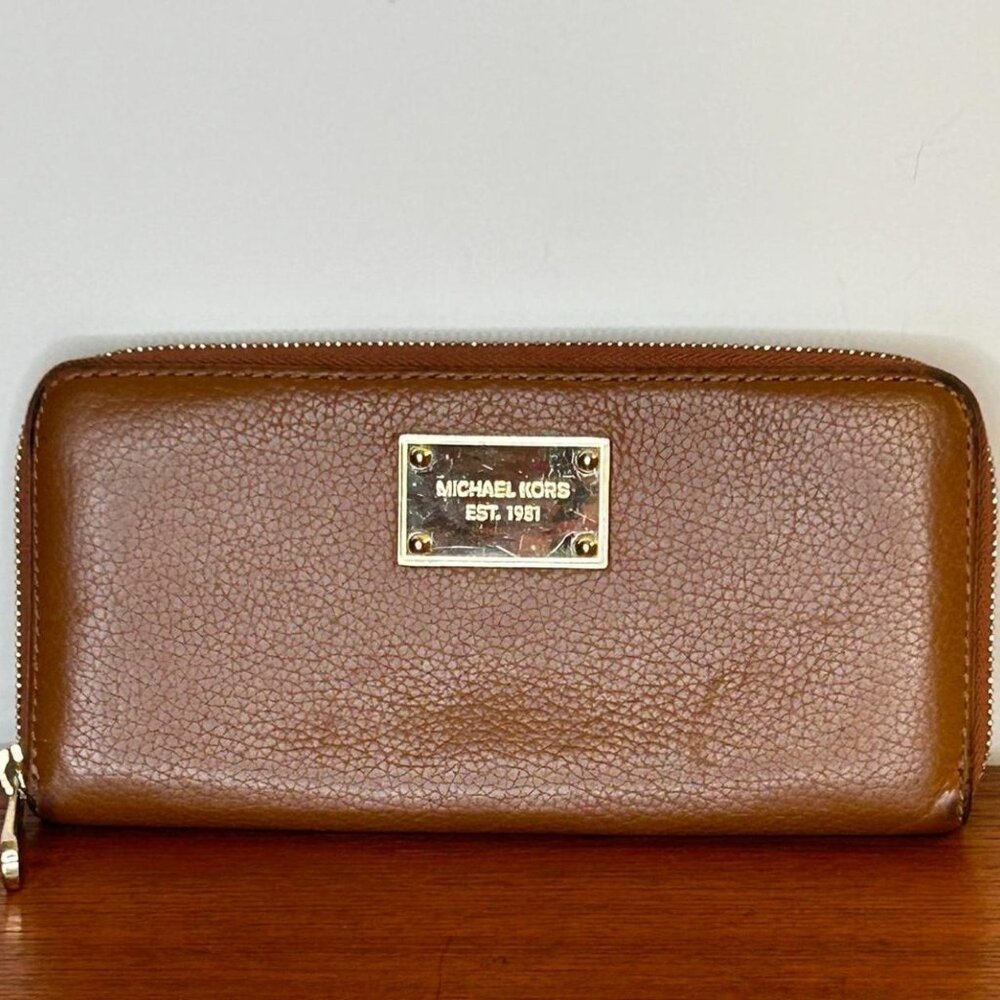 Michael Kors Tan Brown Leather Zip Around Wallet with Gold Hardware and Trim